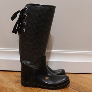 Coach Tristee Rain Boots Black Signature C logo Lace Up Corset 7 rubber wellies